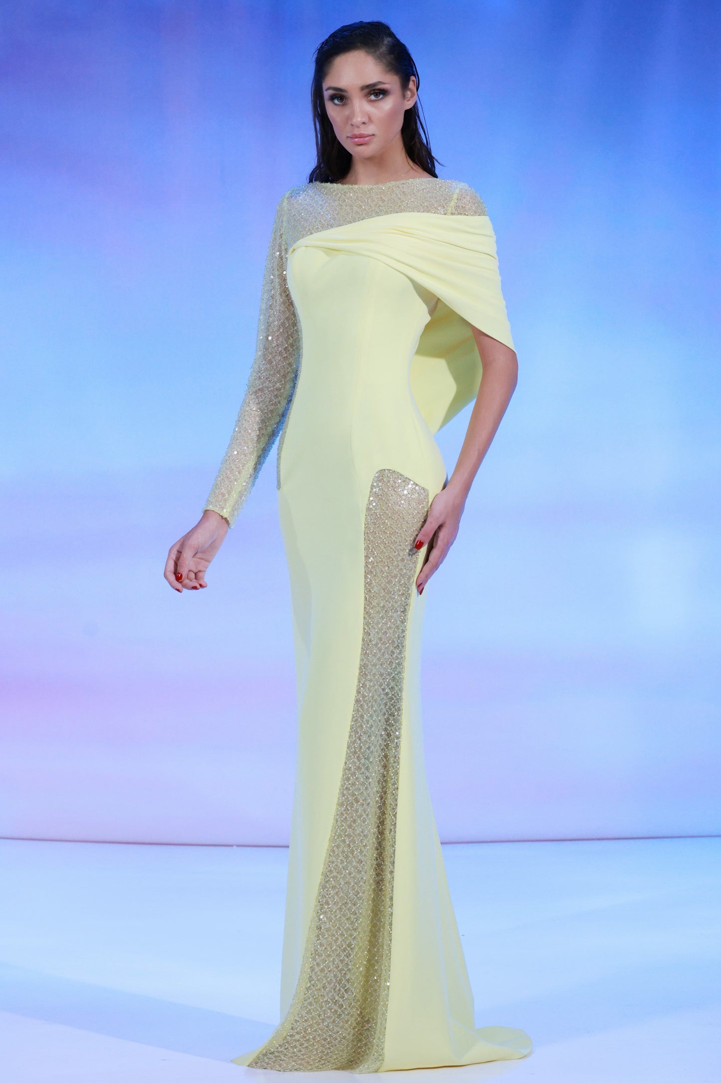 Crepe Gown with One Beaded Sleeve