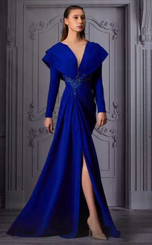 Long Sleeve Draped Shoulder Slit Gown