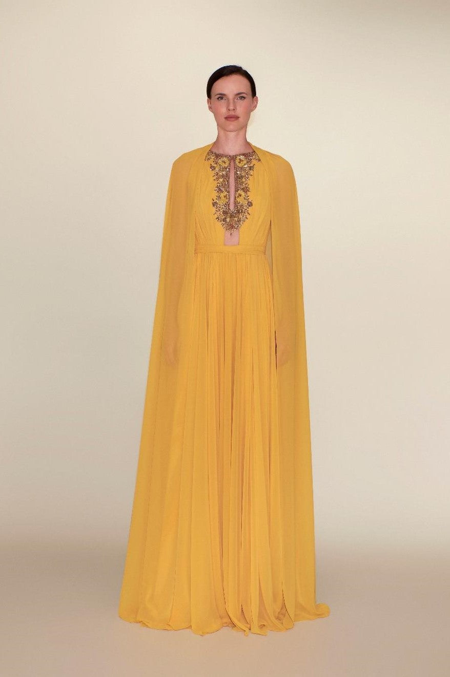 Sleeveless Chiffon Gown with Long Cape