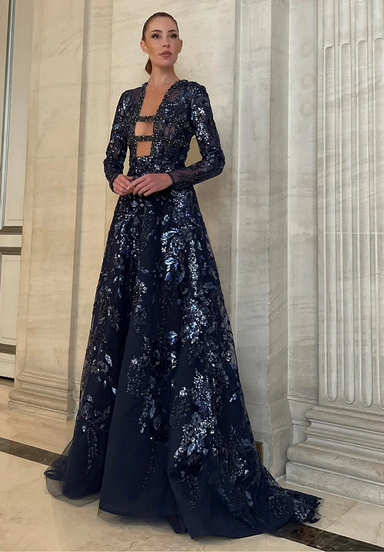 Rhinestone Beaded Long Sleeve Gown