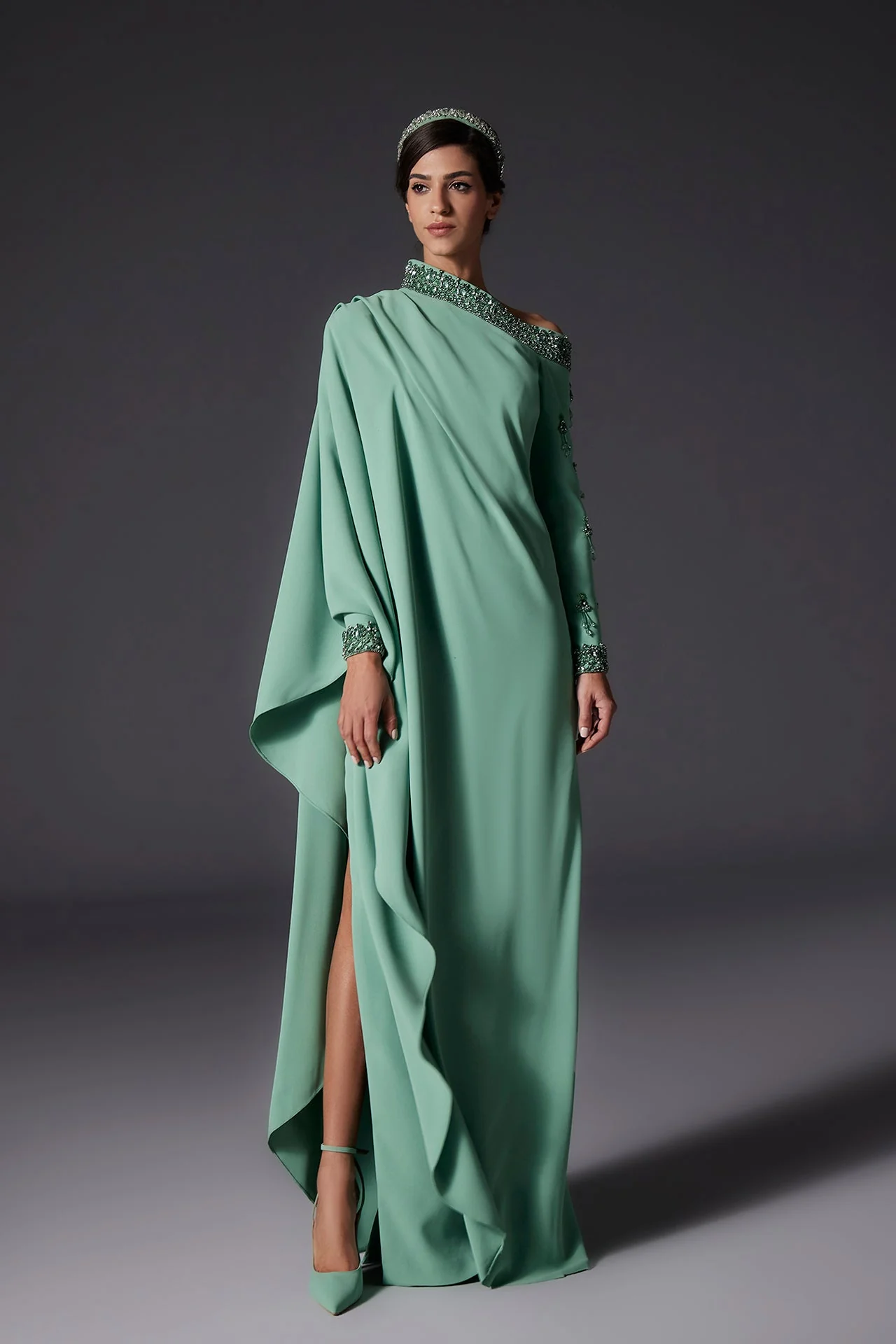 One Shoulder Embroidered Kaftan Gown