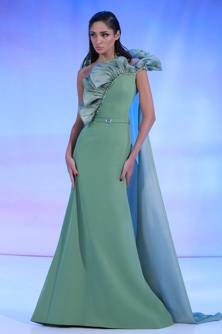 Crepe Gown with Organza Ruffles