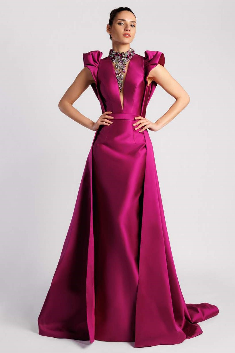 Cady Sleeveless Fitted Gown with Overskirt