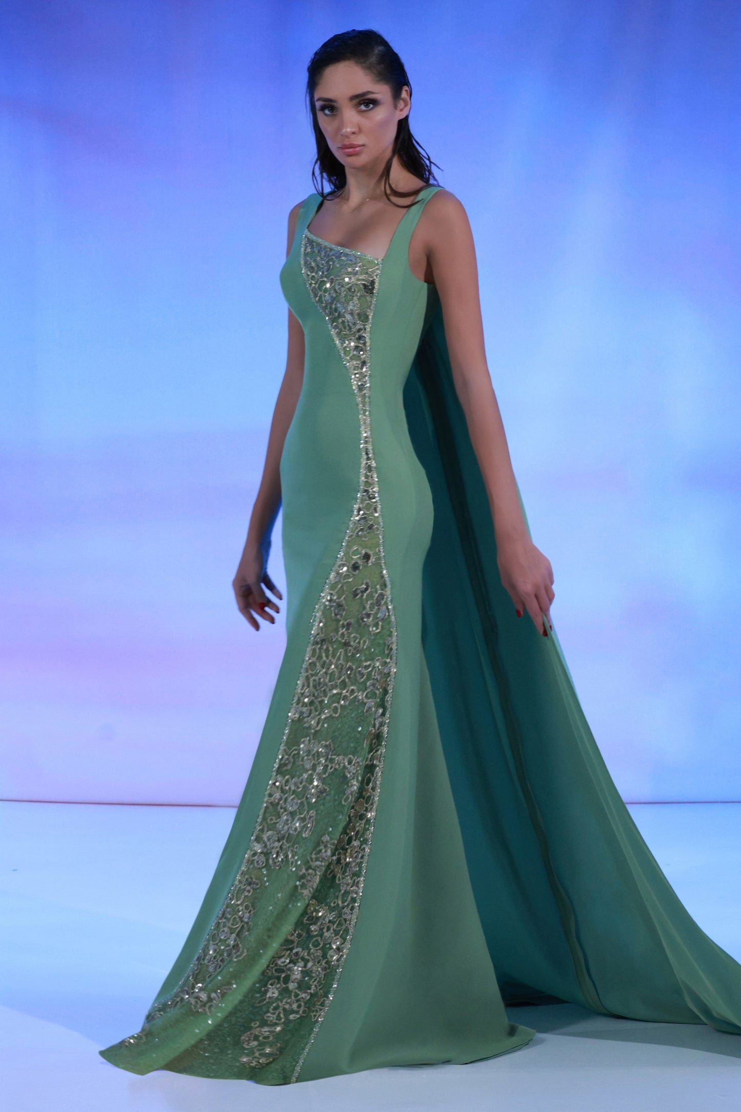 Crepe Gown with Sequin Embroidery