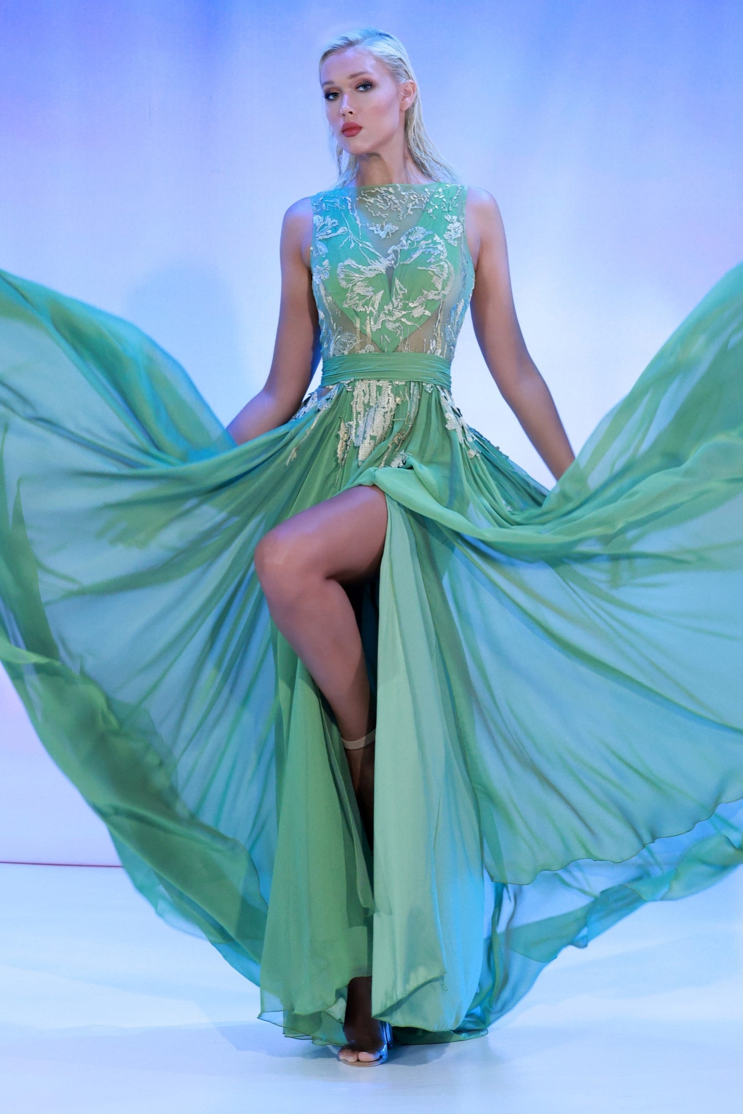 Mousseline Gown with Gold Lace