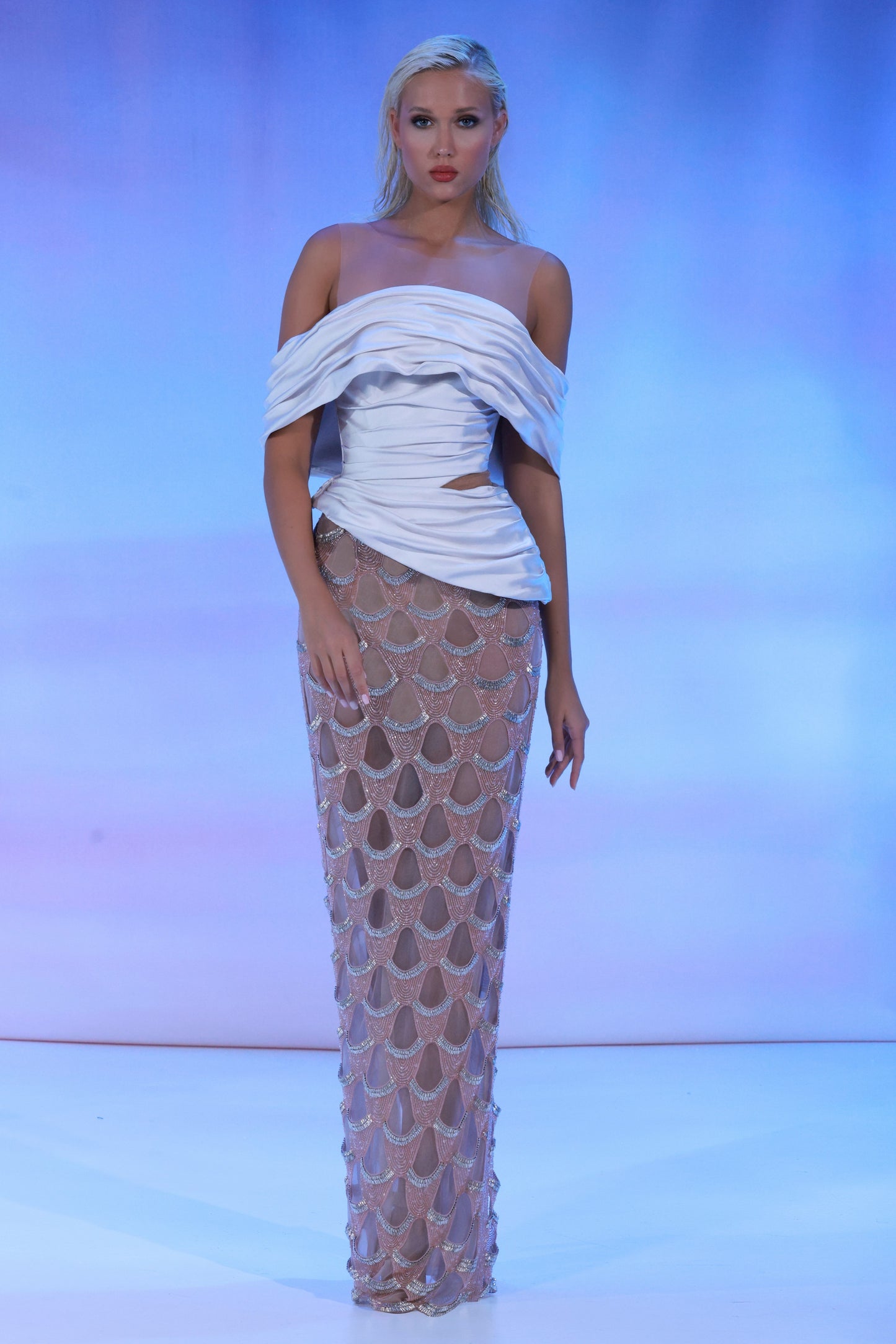 Mikado Off Shoulder Illusion Gown