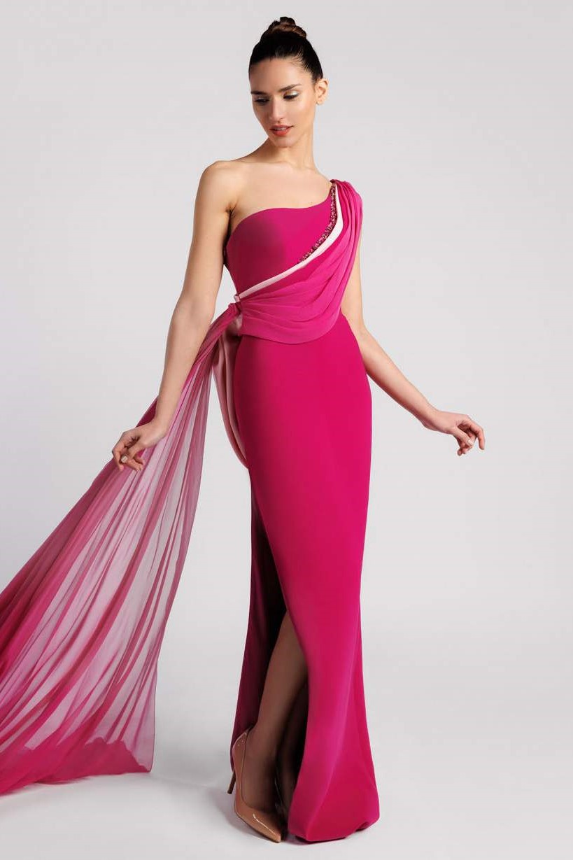 One Shoulder Crepe Fitted Slit Gown
