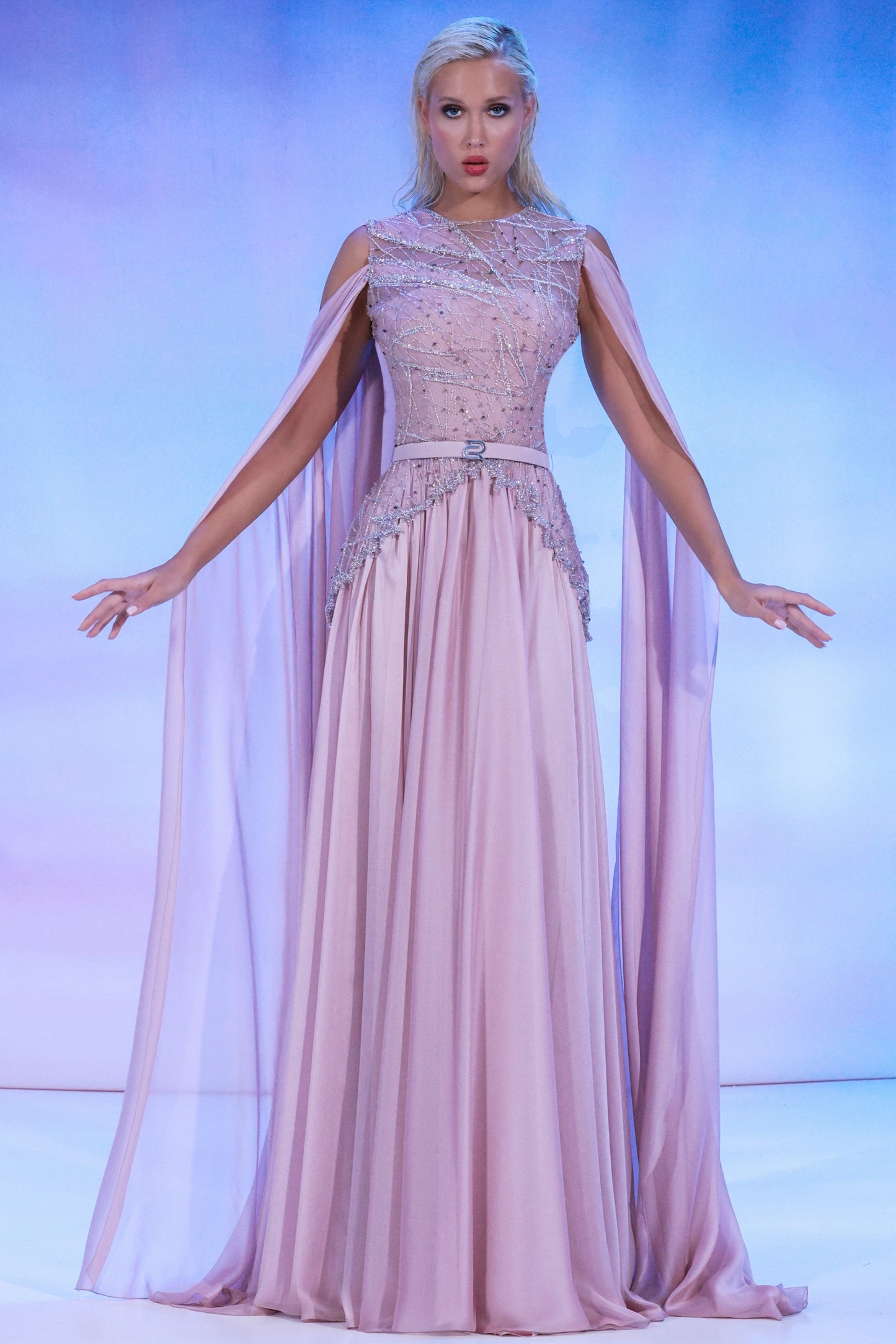 Mousseline Cape-Sleeve Gown