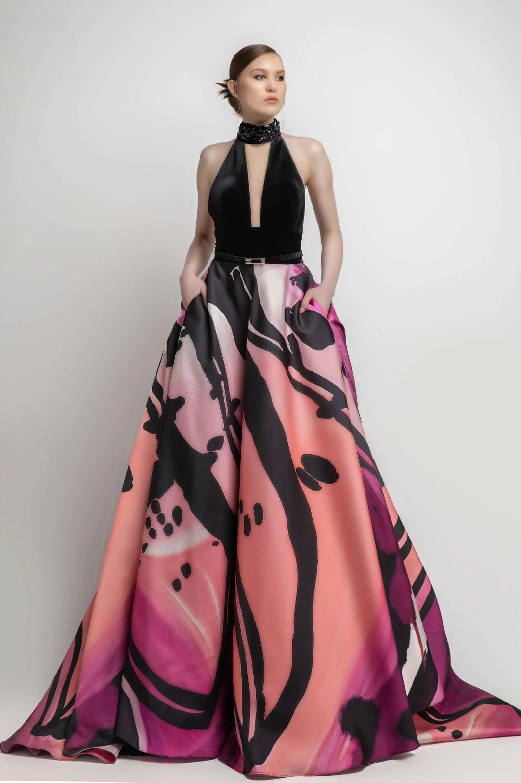 Printed Halter Neck Gown