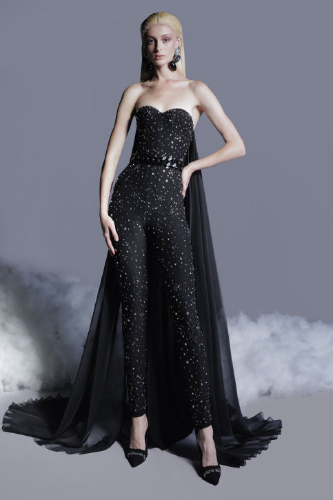 Beaded Tulle Stretch Jumpsuit with Shawl