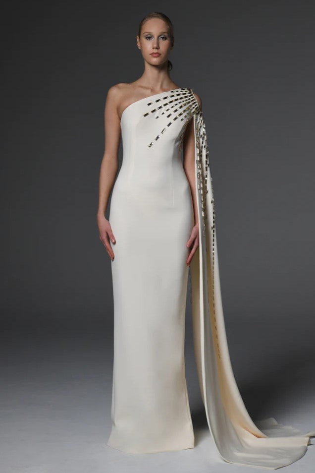 Asymmetric Cr?pe Gown with Embroidery