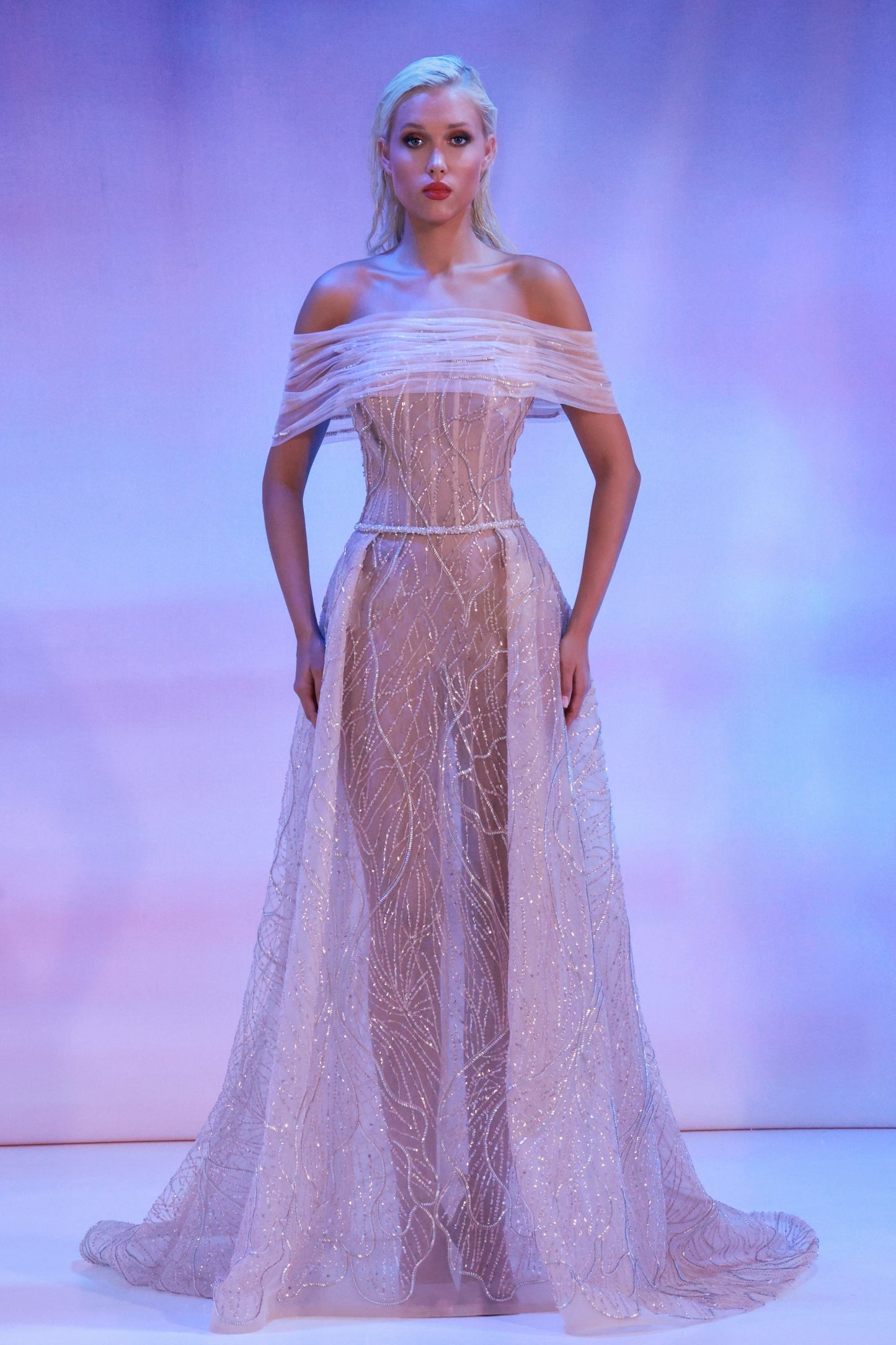 Off Shoulder Fully Beaded Gown