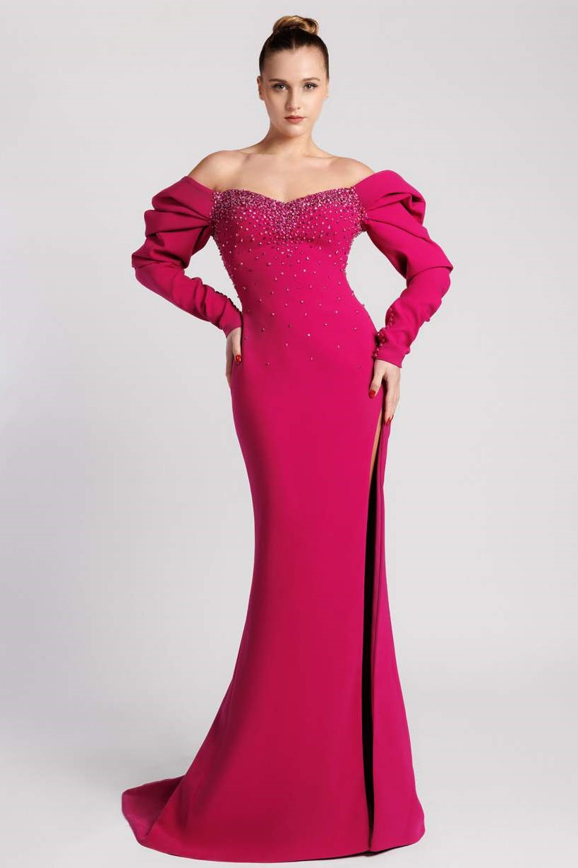 Crepe Off the Shoulder Gown