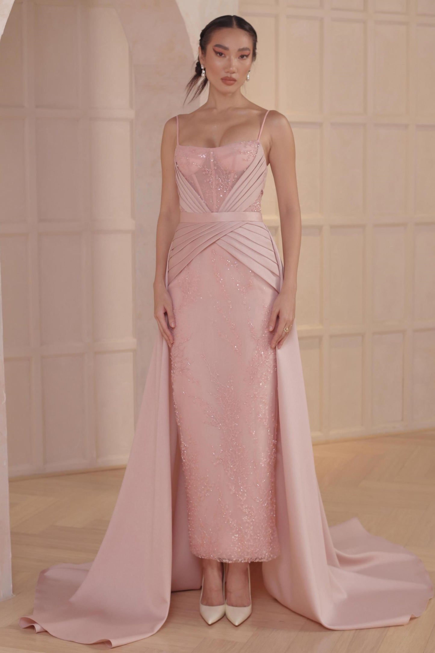 Pleated Column Dress with Train