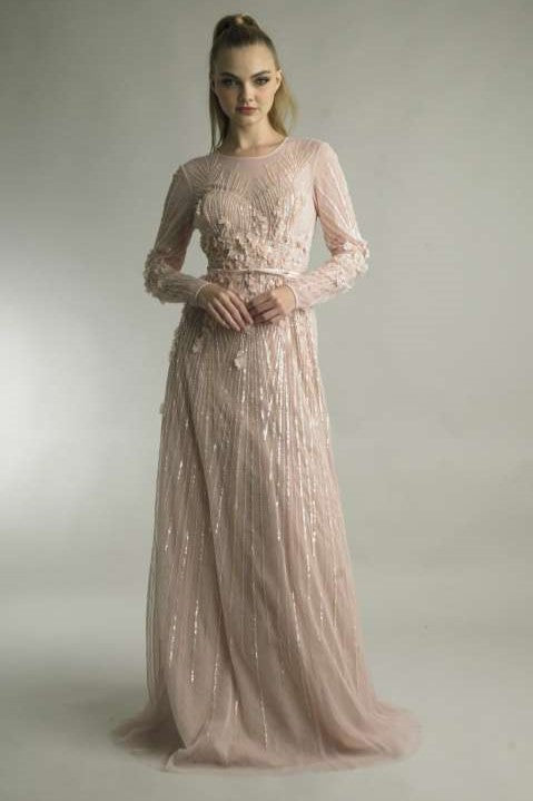 Long Sleeve 3D Gown with Satin Belt