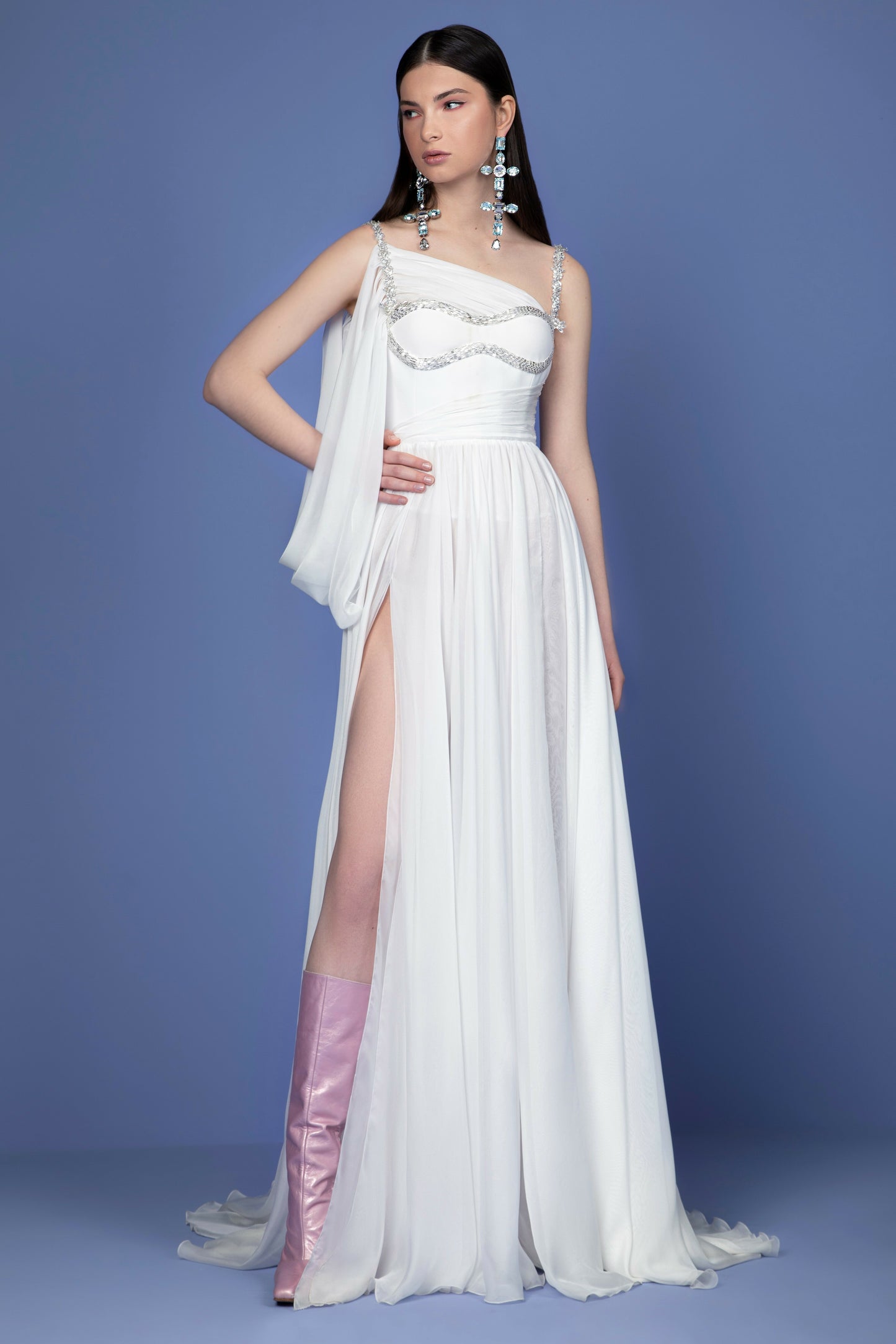 Beaded Crepe Corset Chiffon Gown