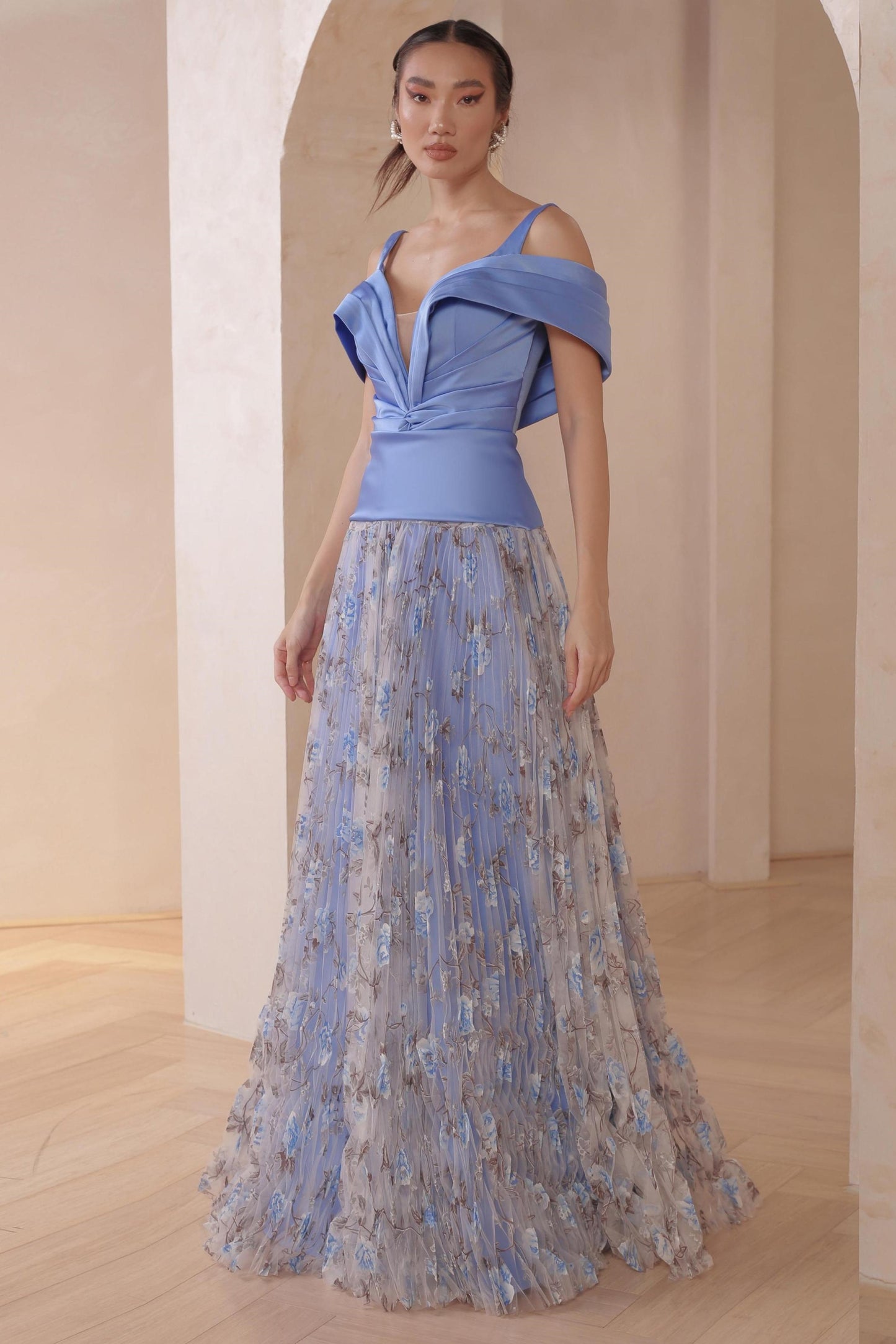 Off Shoulder Gown with Pleated Floral Skirt
