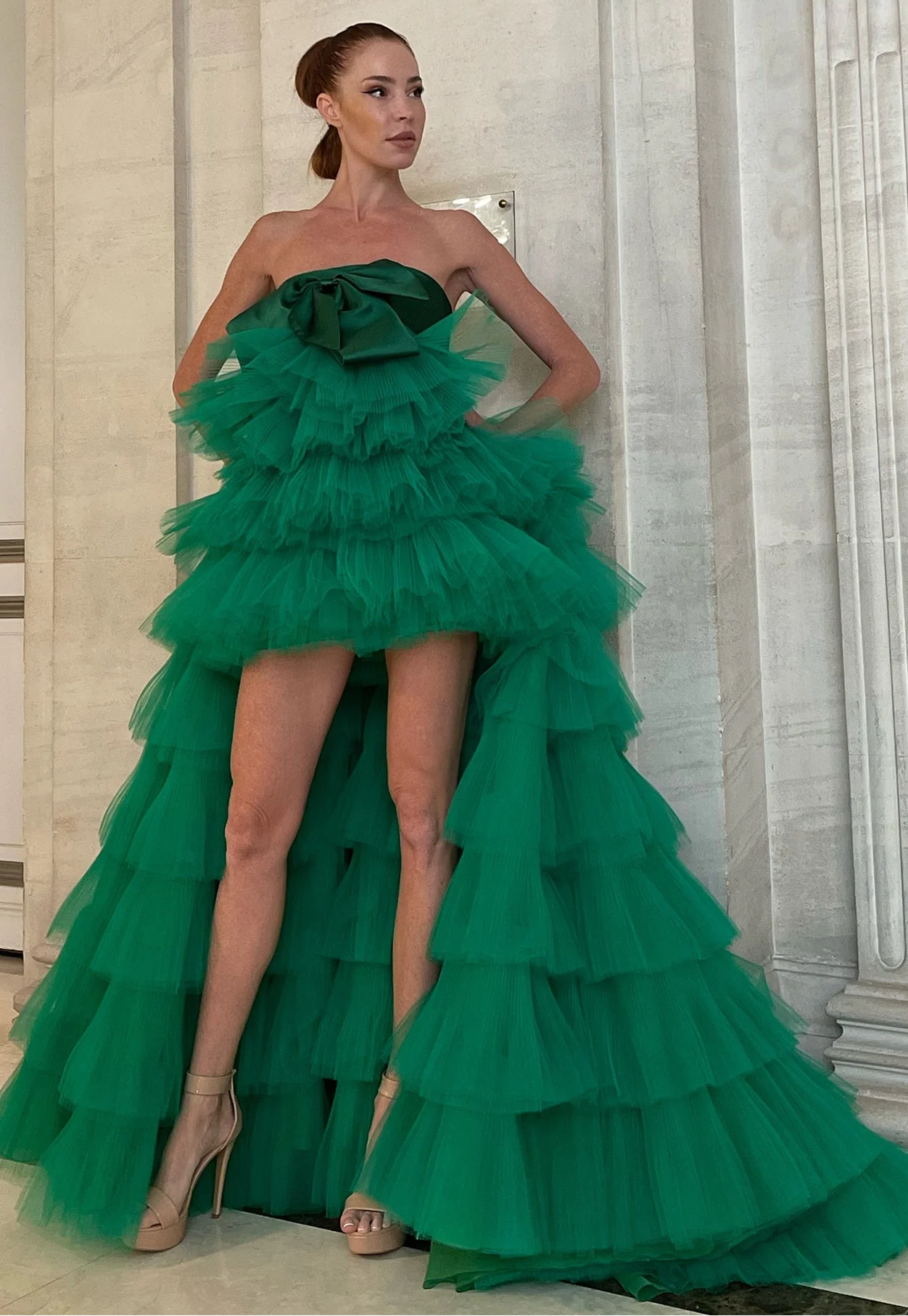 Fully Ruffled High-Low Gown