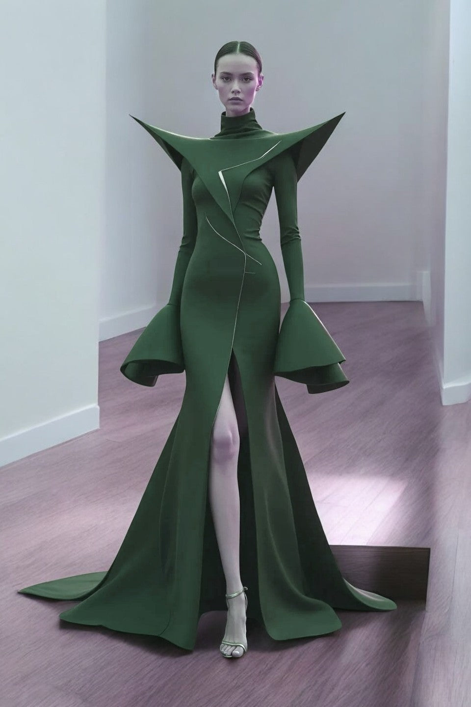 Flared Structured-Shoulder Gown