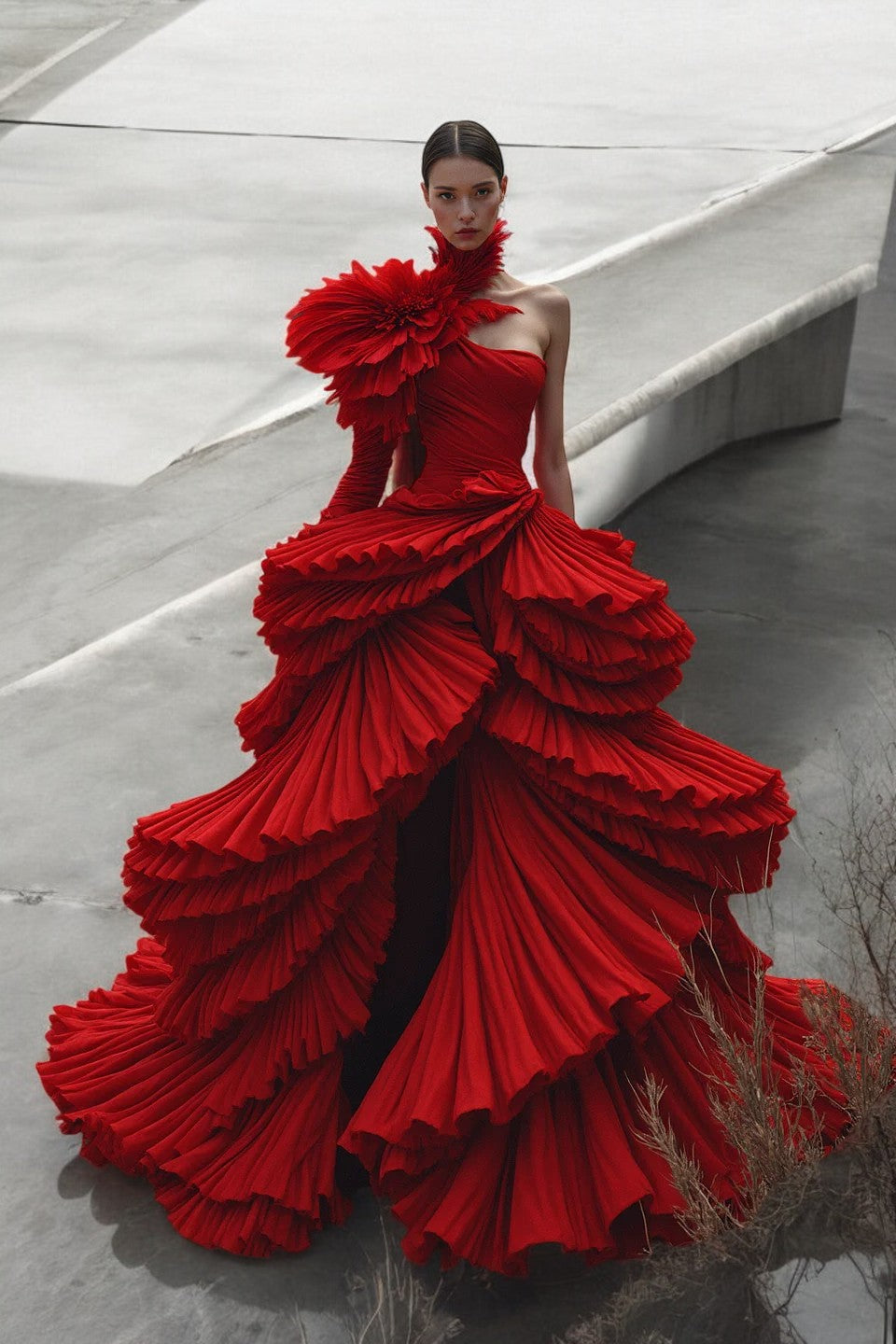 High Neck Tiered Ruffled Gown