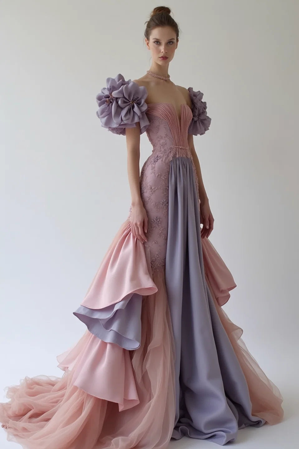 Draped Ruffled A-Line Gown