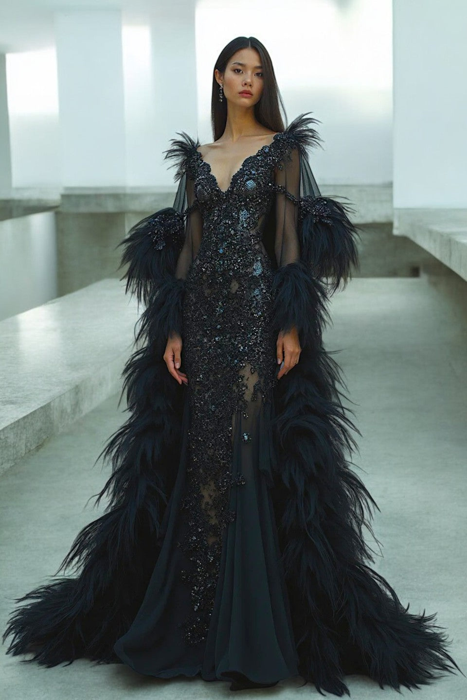 Feathered Cape Gown