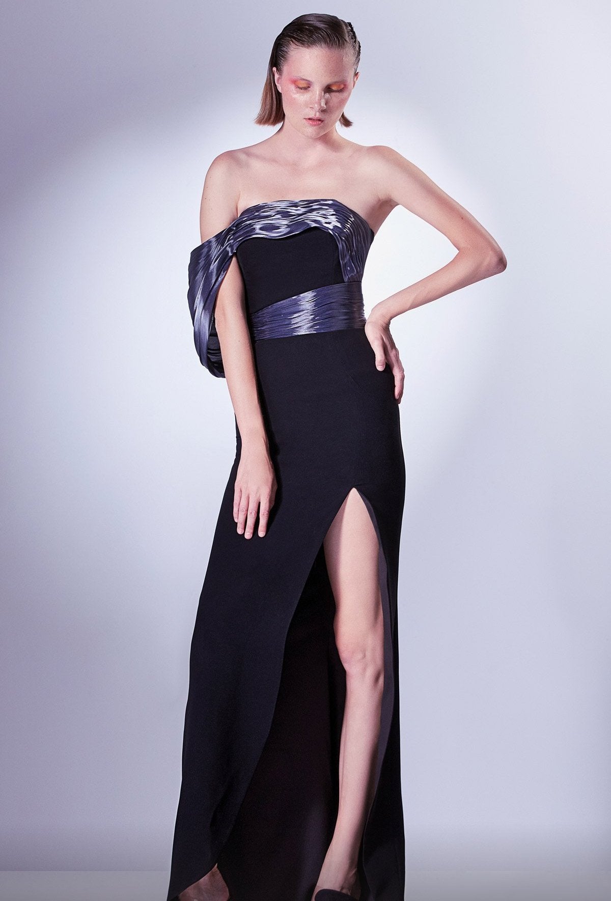 Draped Sleeve Slit Gown