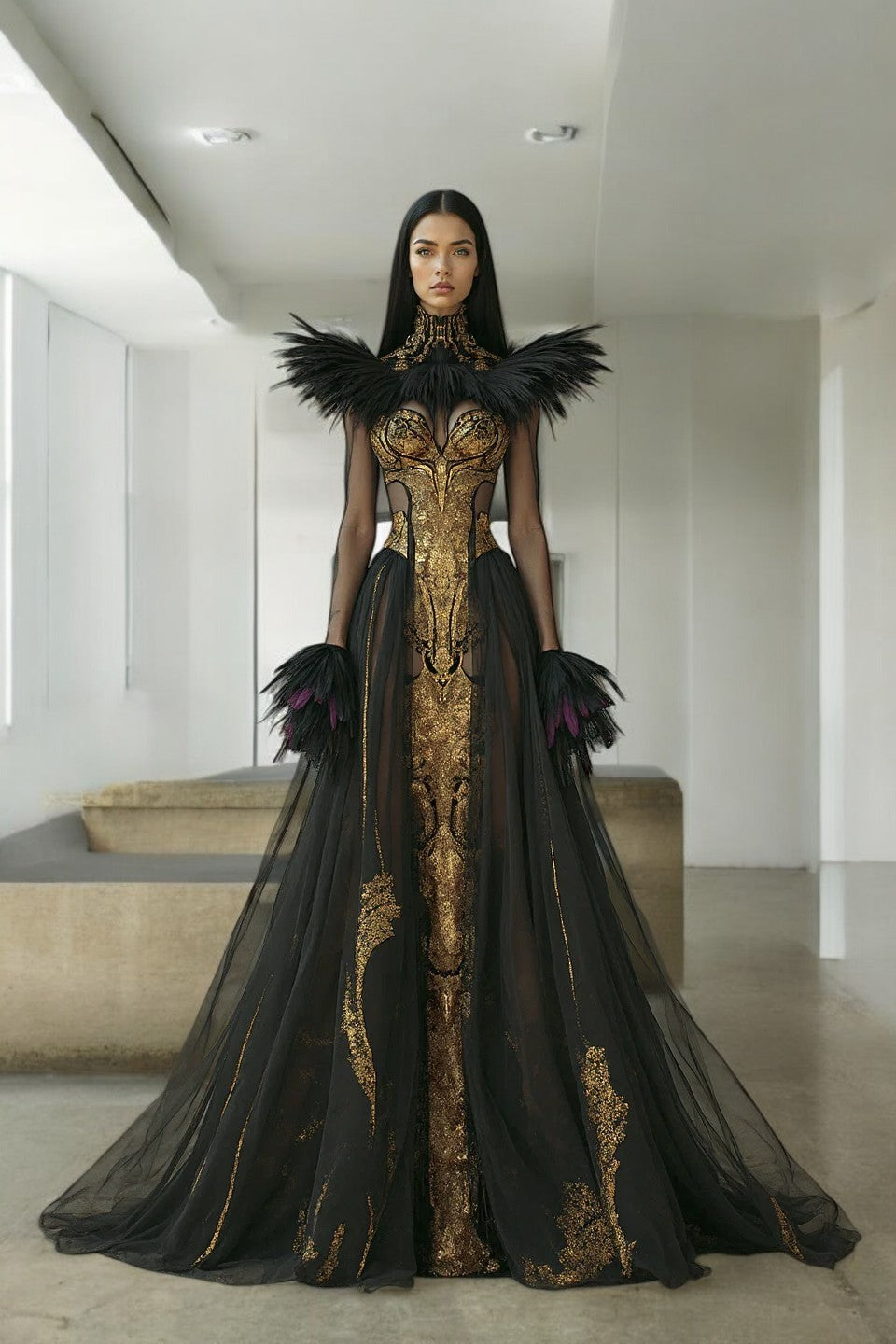 High Neck Flared Cuff Gown