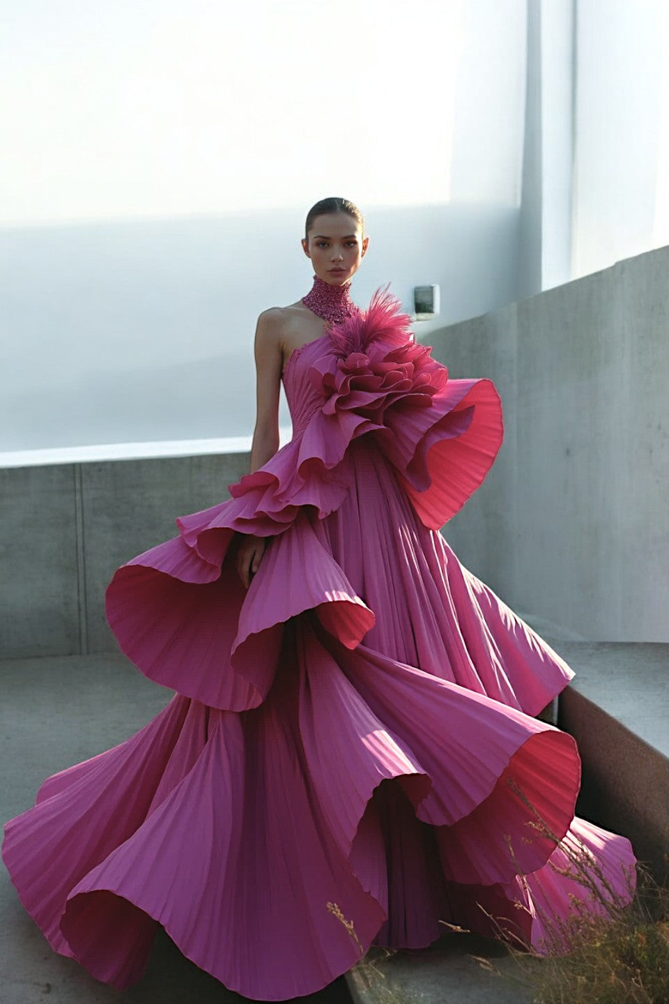 High-Neck Asymmetrical Gown