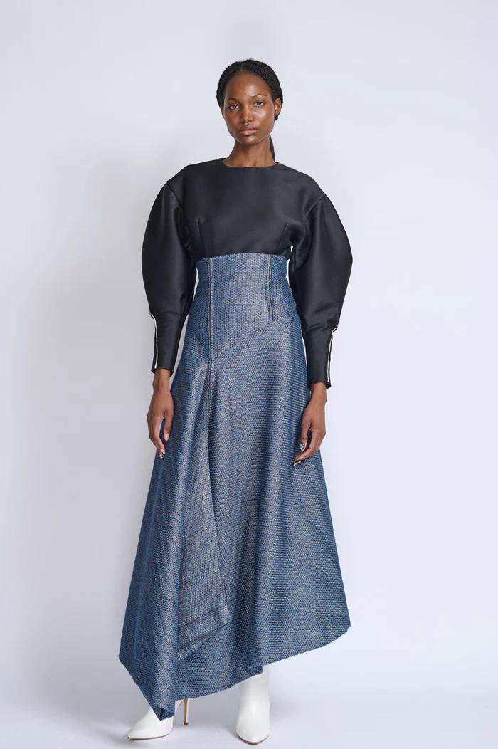 Onyx Gazar Top with Tweed Skirt