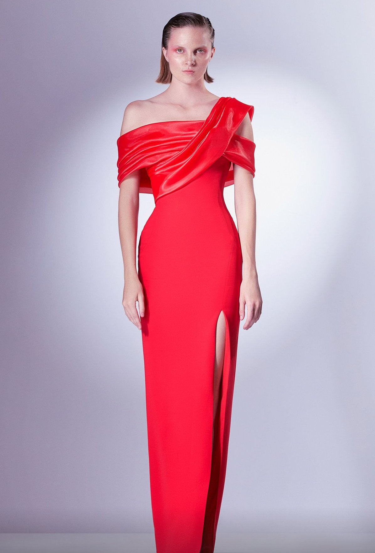 Draped Shoulder Slit Gown