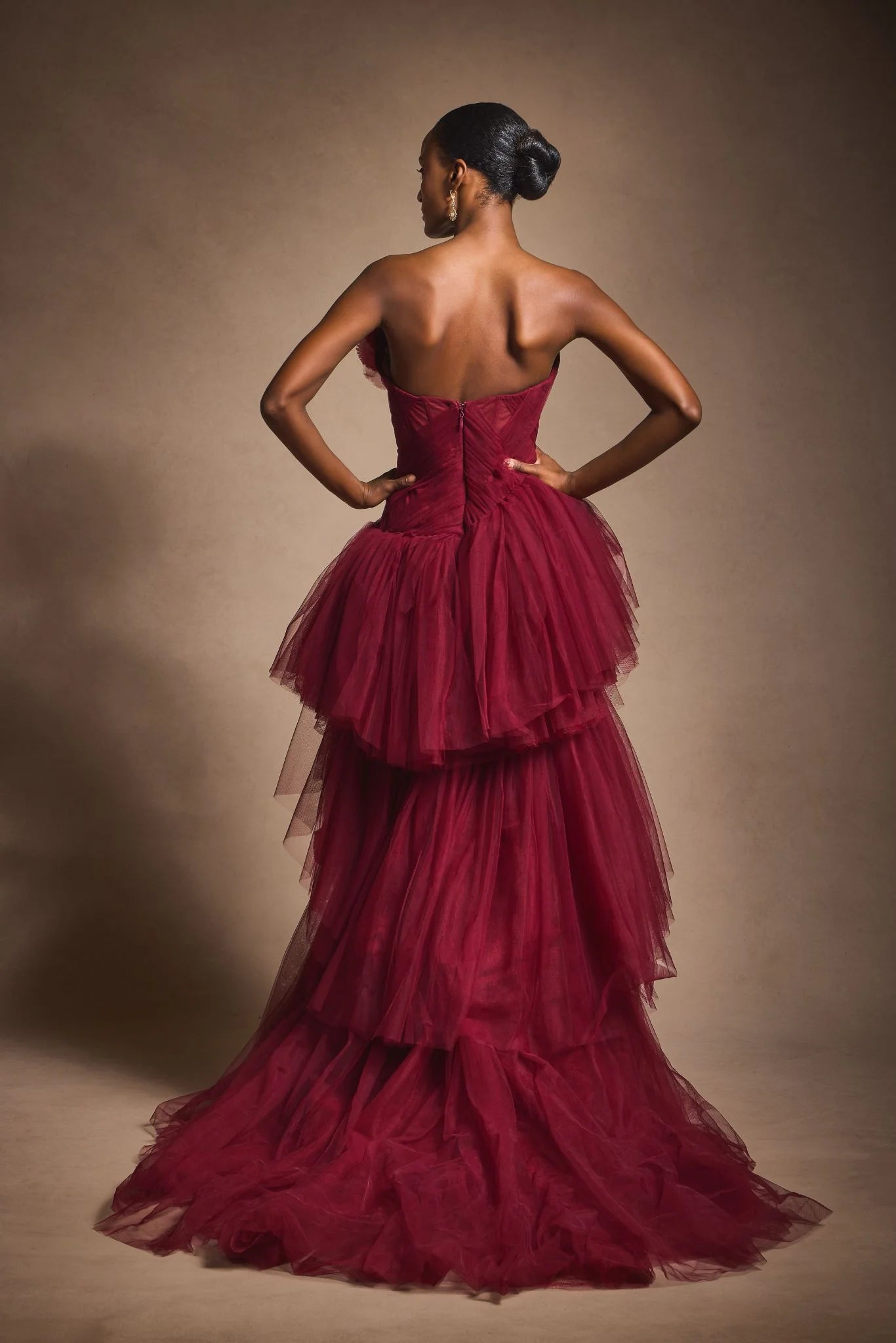 Strapless Tulle Tiered Gown