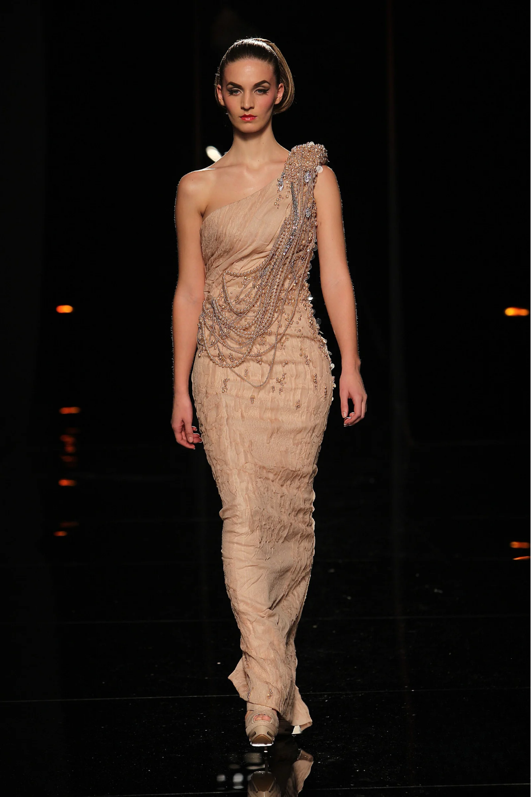 One Shoulder Gown with Draped Embellishments