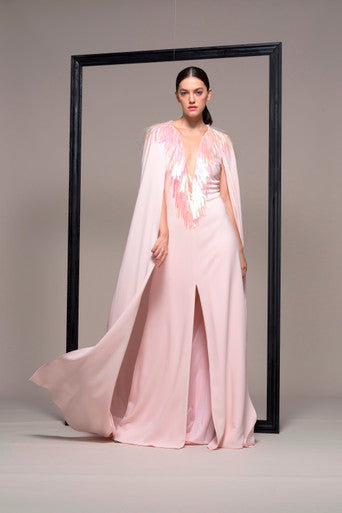 Embellished Cape Evening Gown