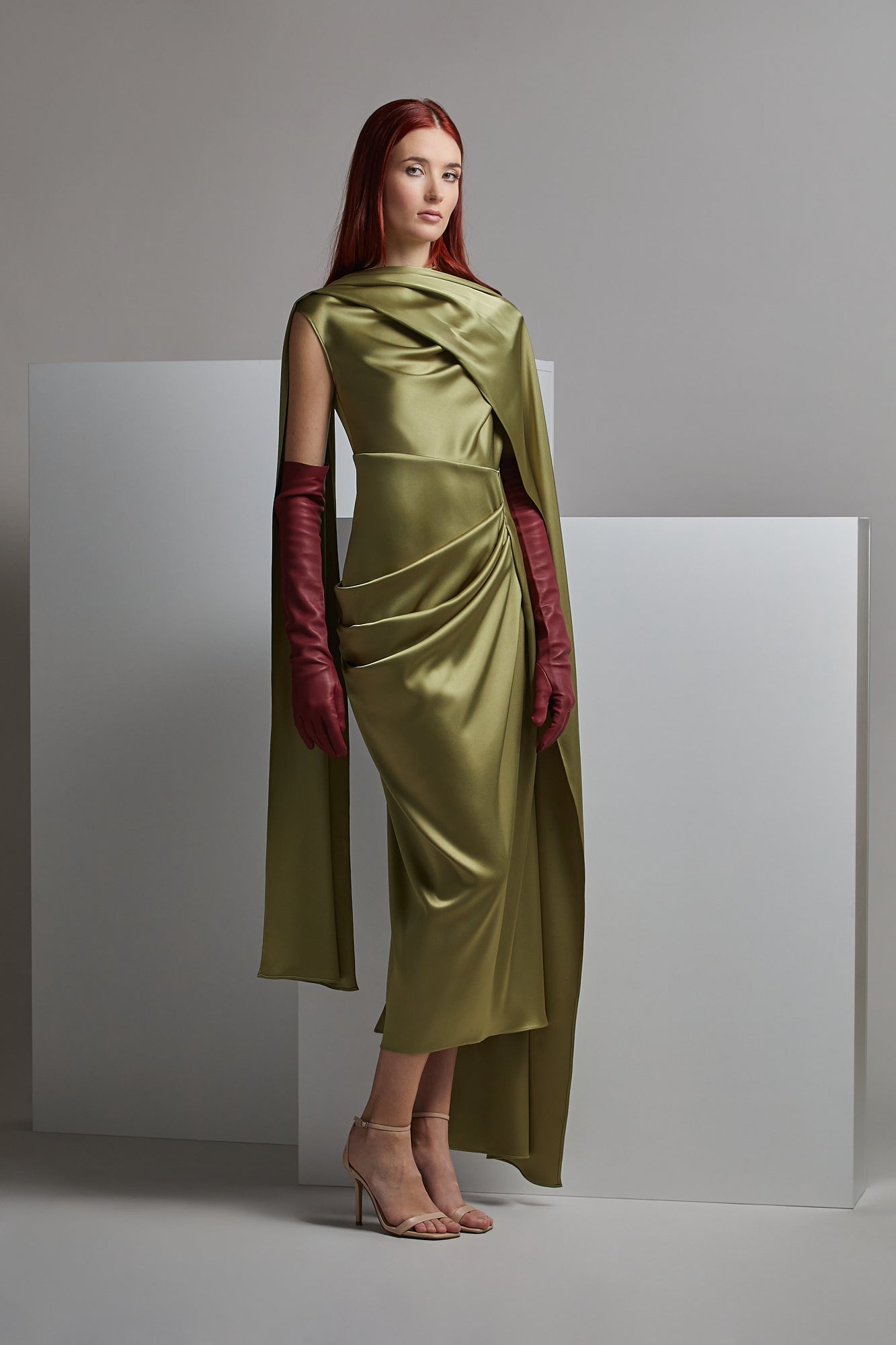 TOSHIO Draped Shoulder Midi Dress