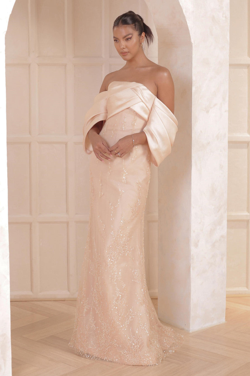Off Shoulder Draped-Gown with Lace