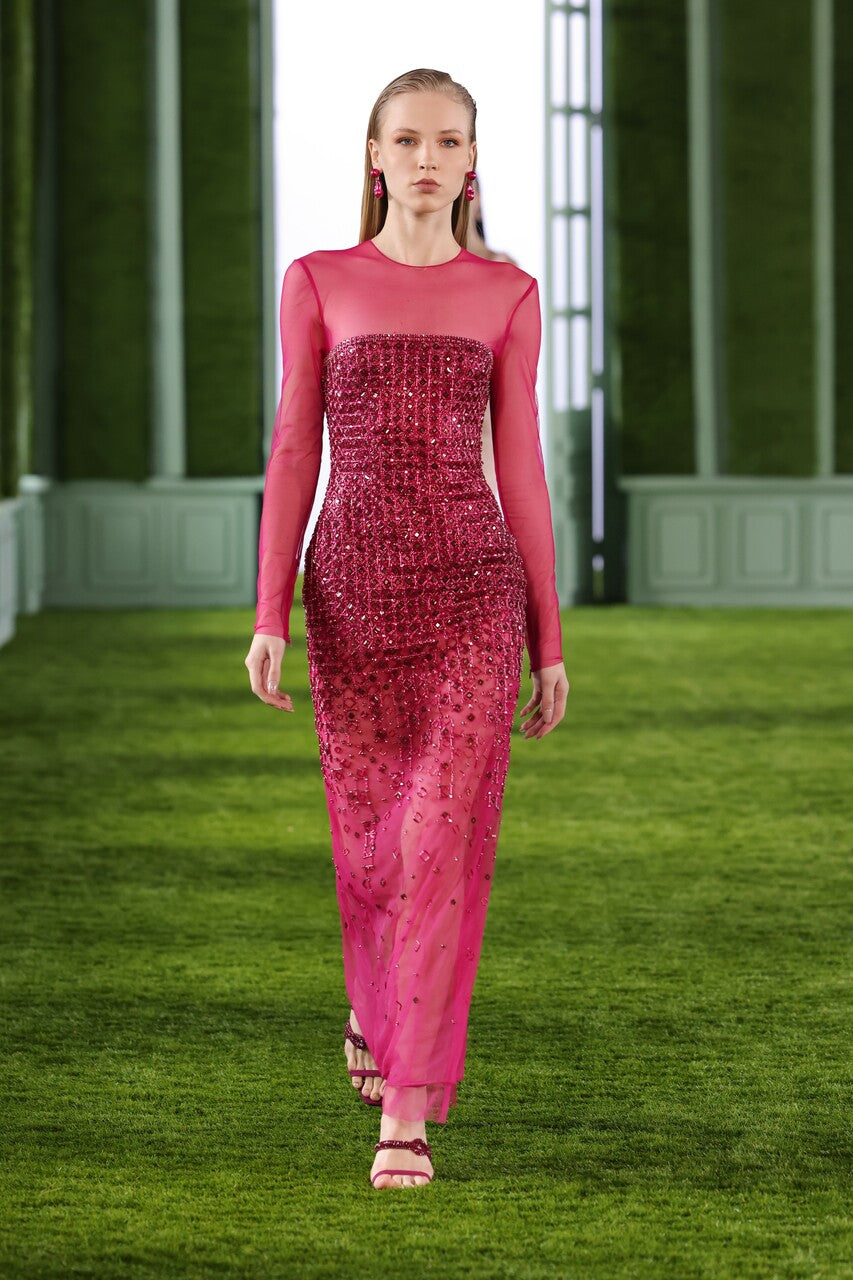 Beaded Tulle Gown with Long Sleeves