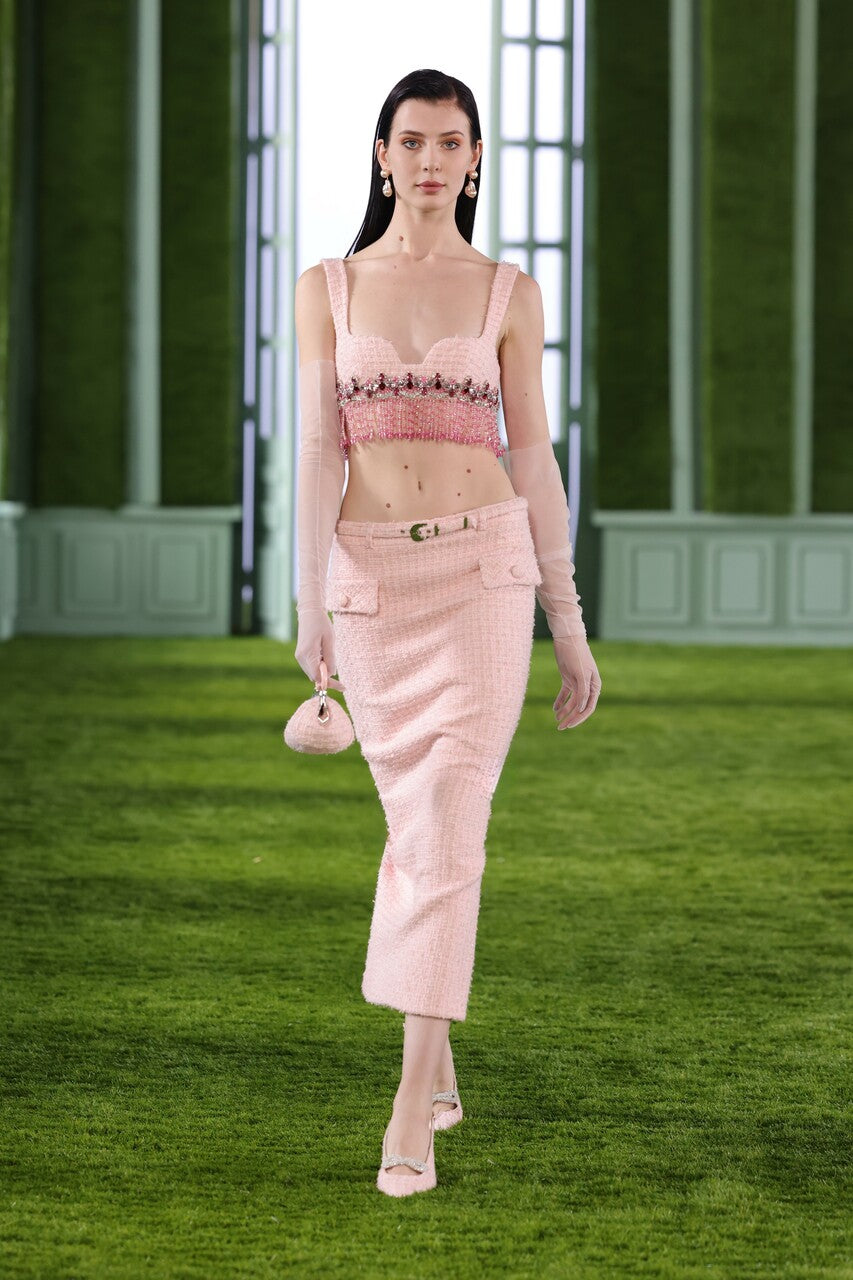 Geometric Tweed Bralette with Midi Skirt