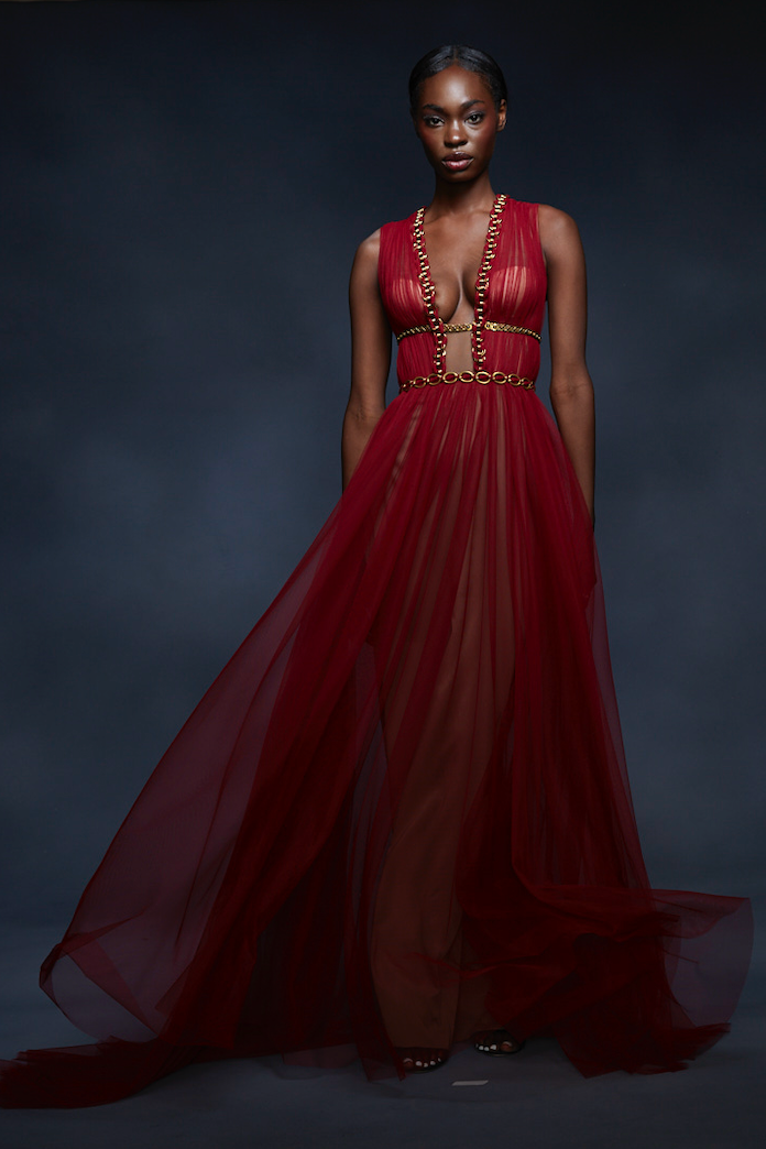 Plunging Neck Tulle Gown