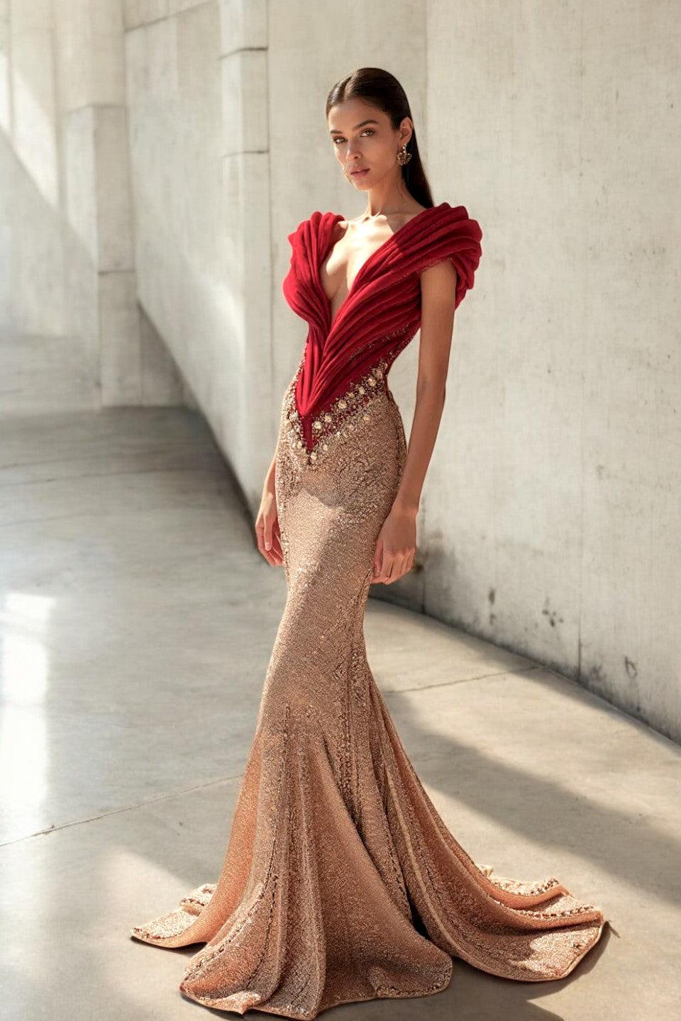 Short Sleeve Ruffled Bodice Gown