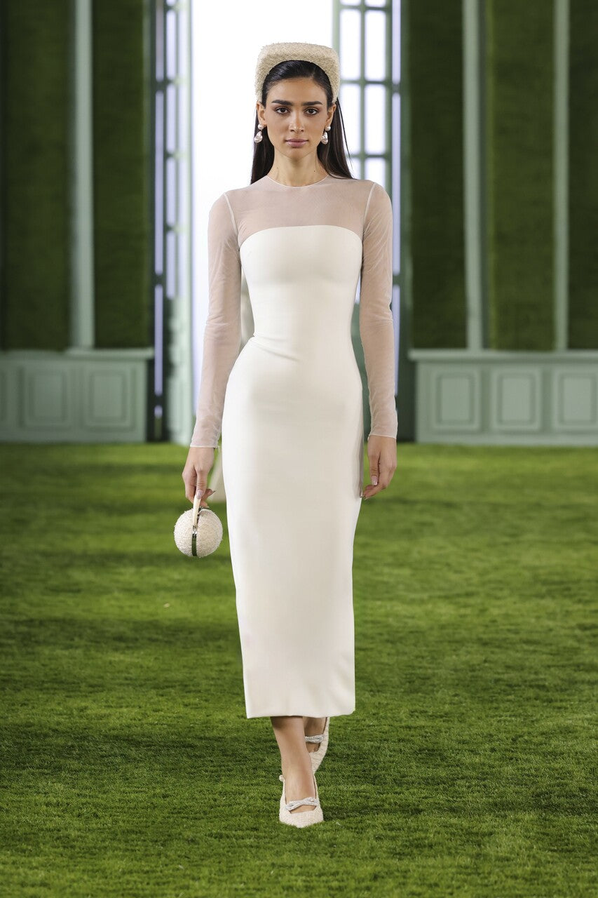 Crepe Dress with Tulle Panel