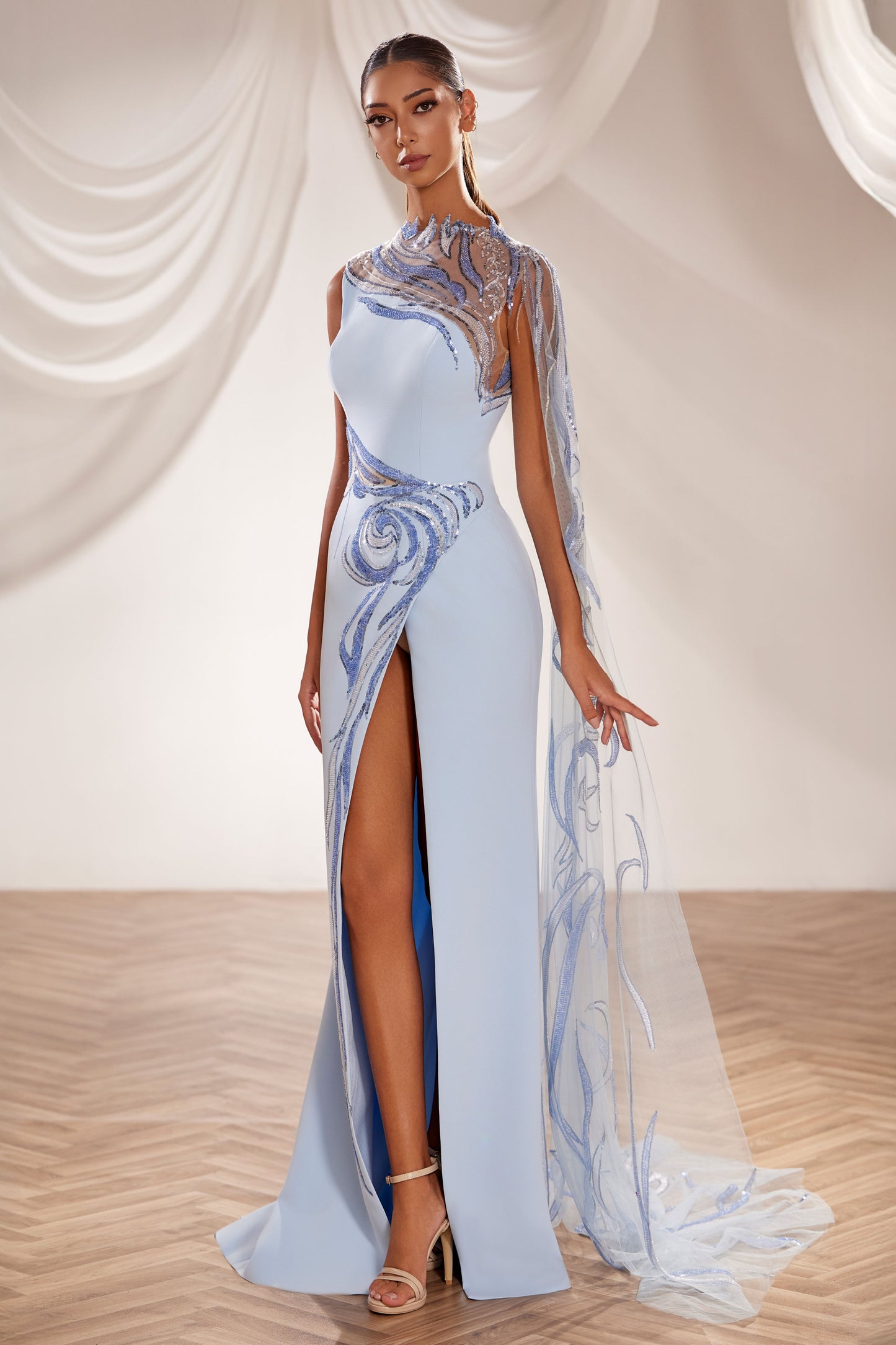 Embroidered Cape Gown