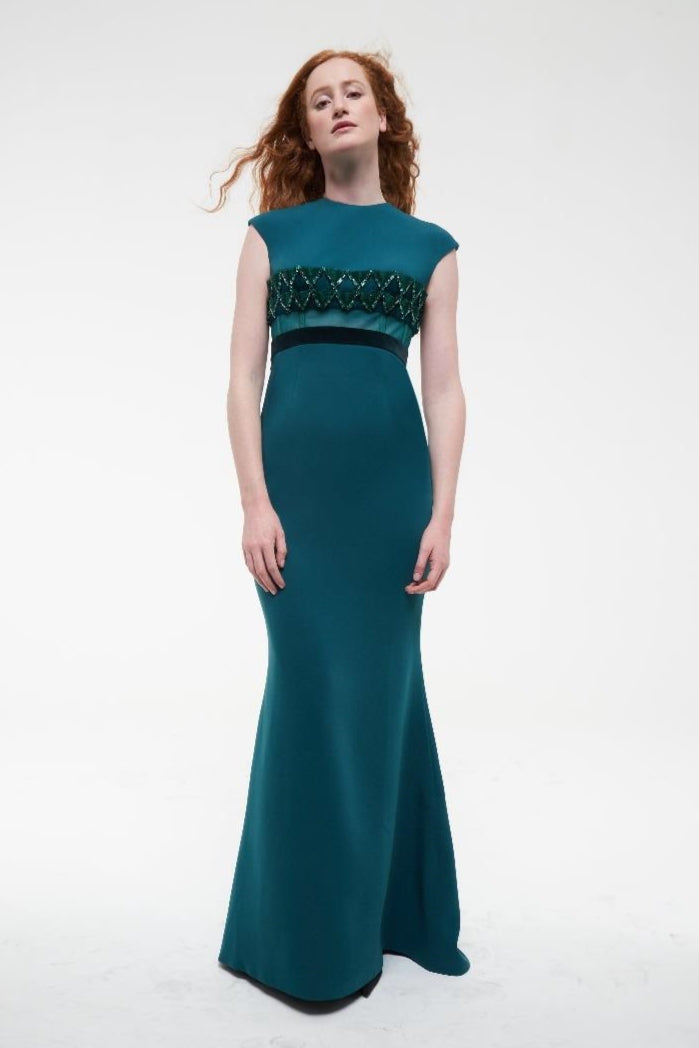 Cap Sleeve Crepe Evening Gown