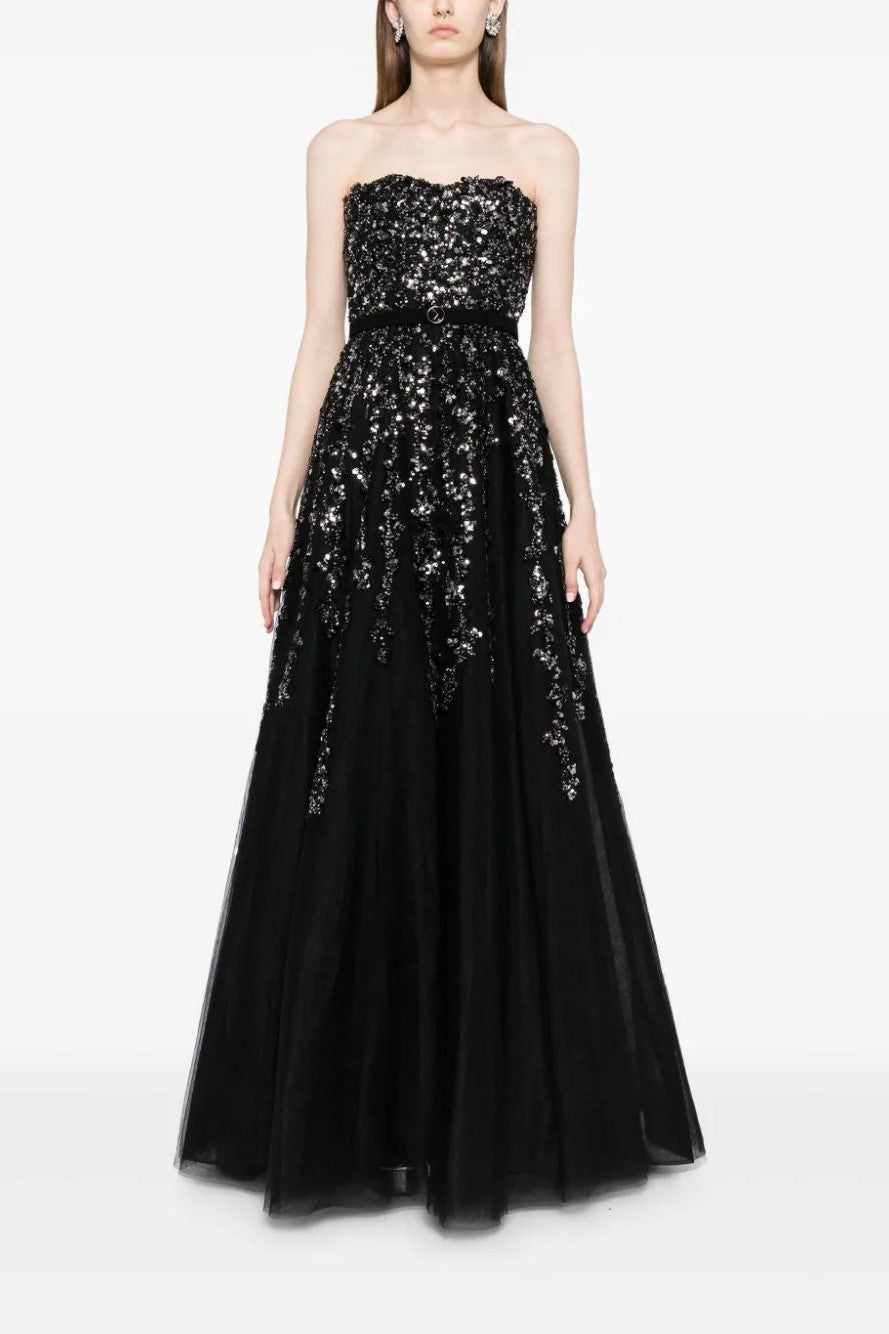 Tulle Strapless A-Line Gown with Dotted Beading