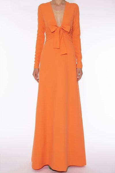 Long Sleeve V-Neck Bow Bodice Gown