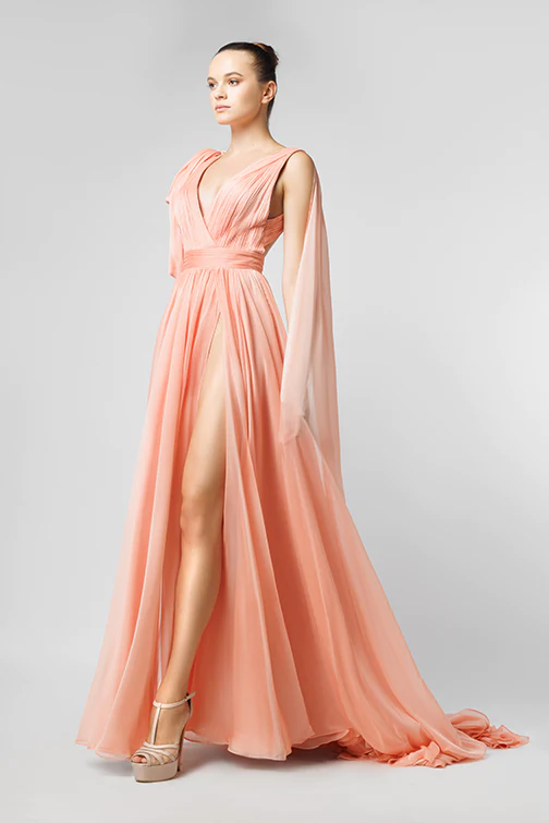 Draped Shoulder Evening Gown with Slit