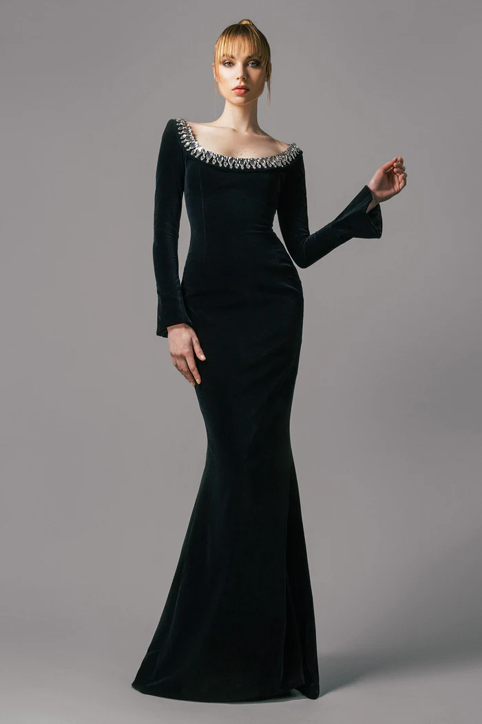 Crepe Gown with Crystal Neckline