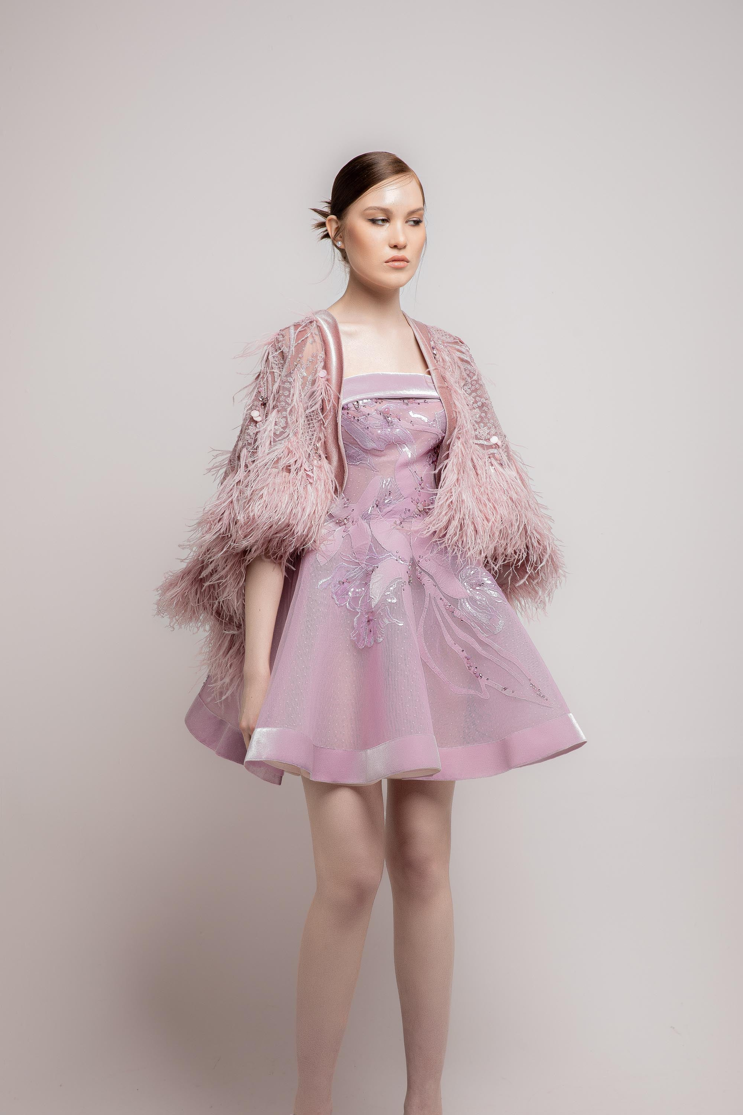 Strapless Mini Dress with Feathered Cape