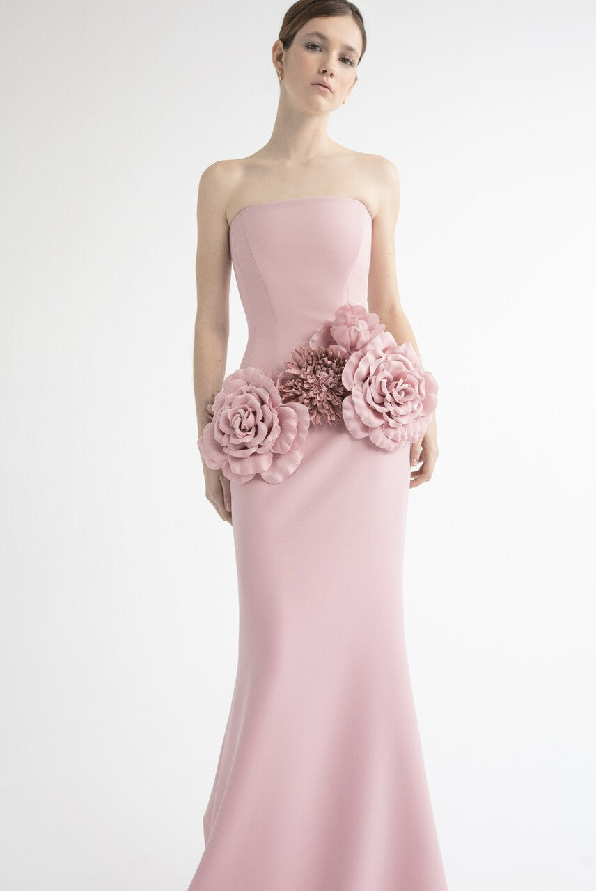 Strapless Gown with a Floral Waist