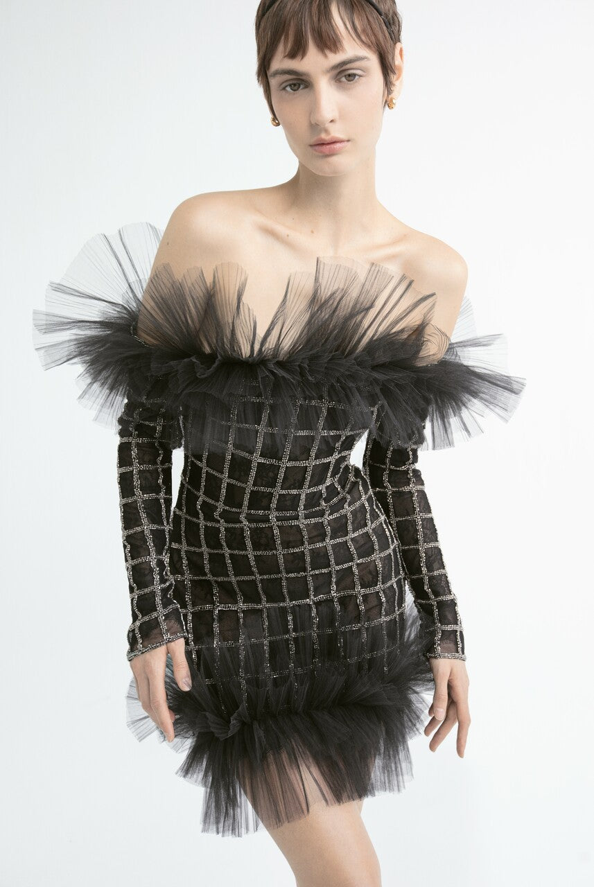 Embellished Off Shoulder Mini Dress